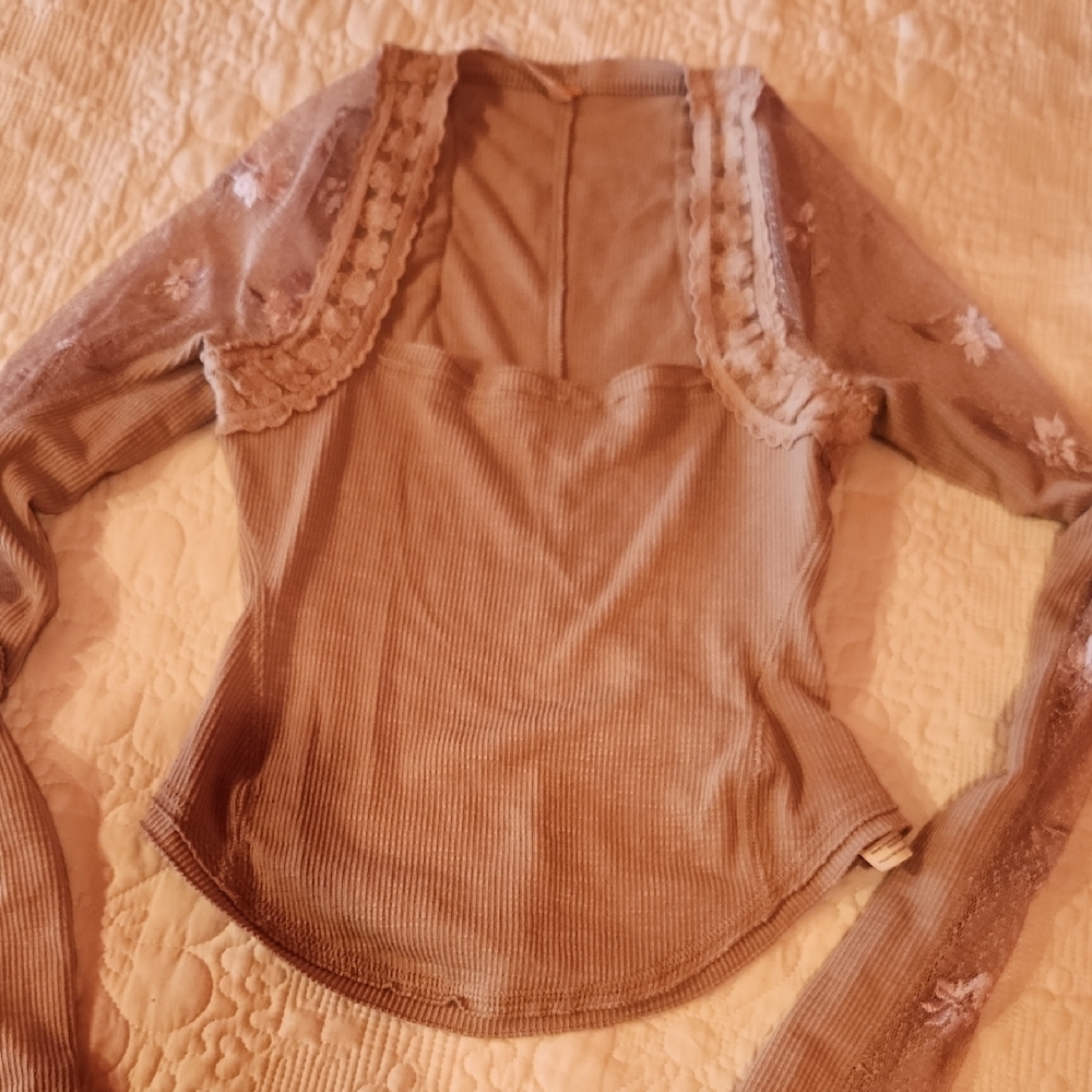 Free People Sheer Sleeve Top in Light Brown